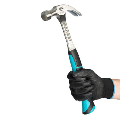 Worker wearing glove holding OX Pro Claw Hammer 