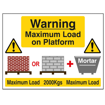 'Warning - Platform Max Load 2000kgs' safety sign with Bricks & Mortar Tub Pictures